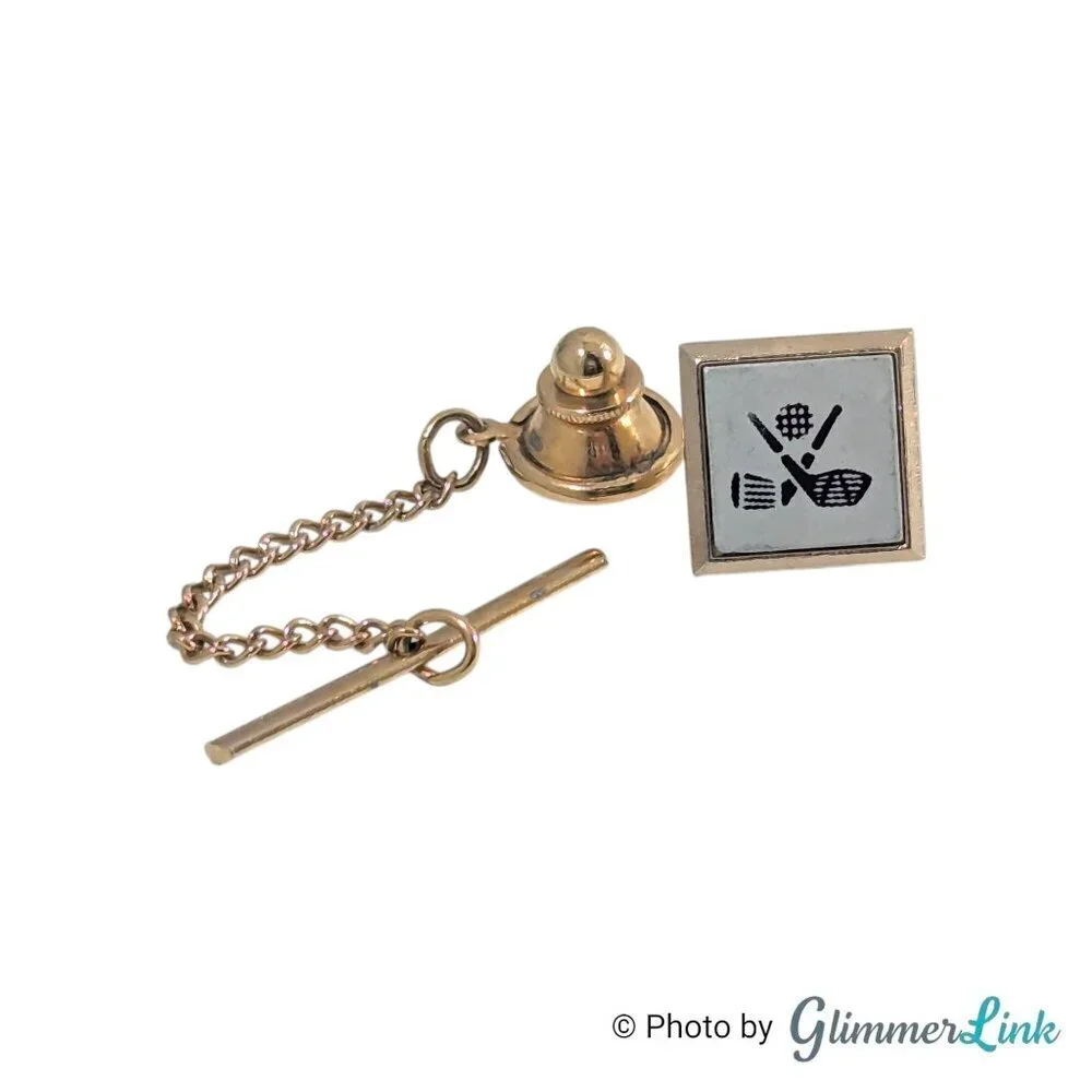 Vintage Swank Two Tone Golf Clubs & Ball Square Tie Tack Pin with Chain